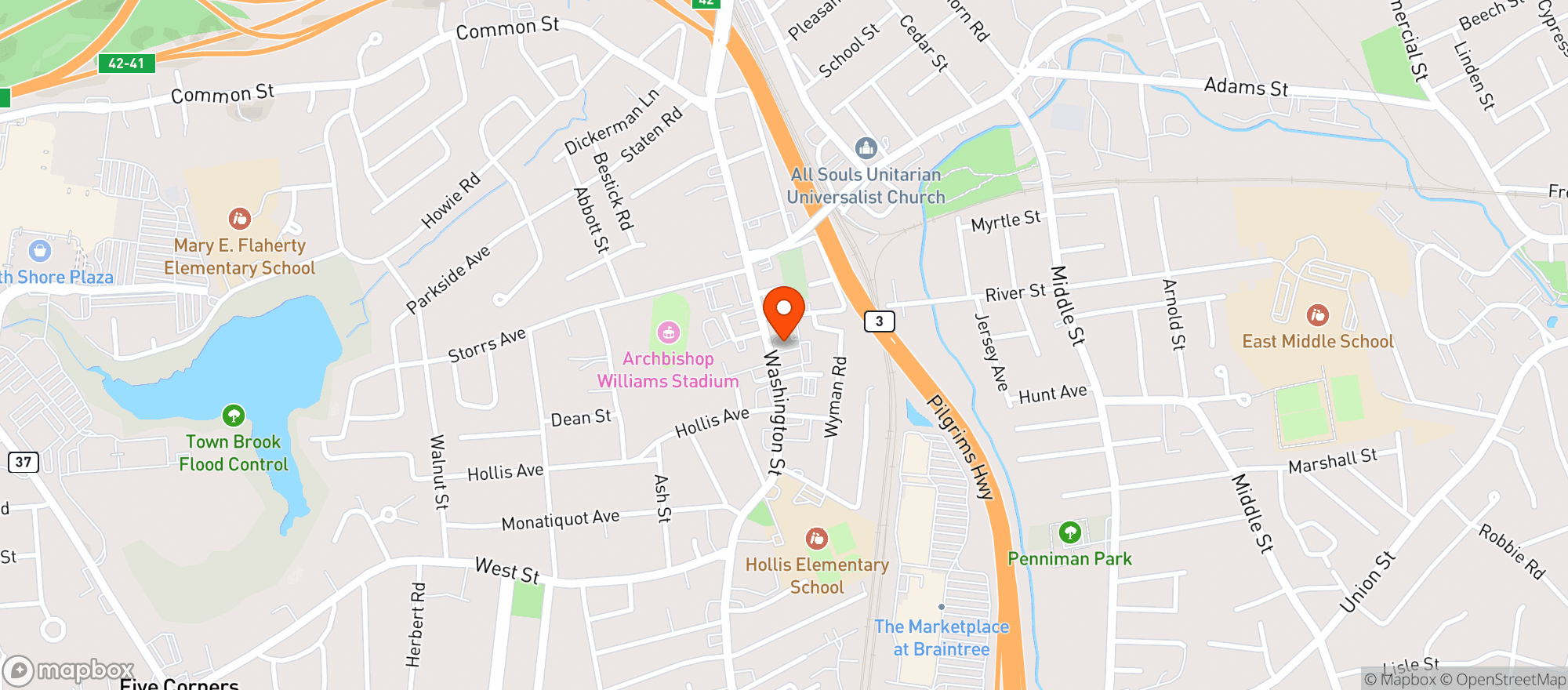 Map showing Braintree Package Store