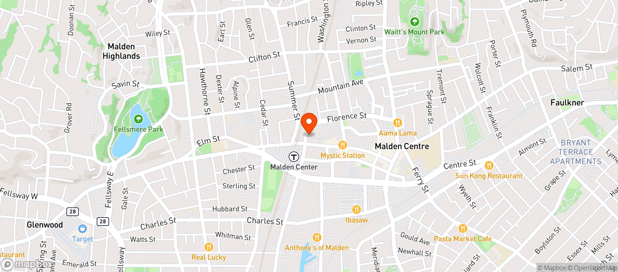 Map showing Malden Center Fine Wines