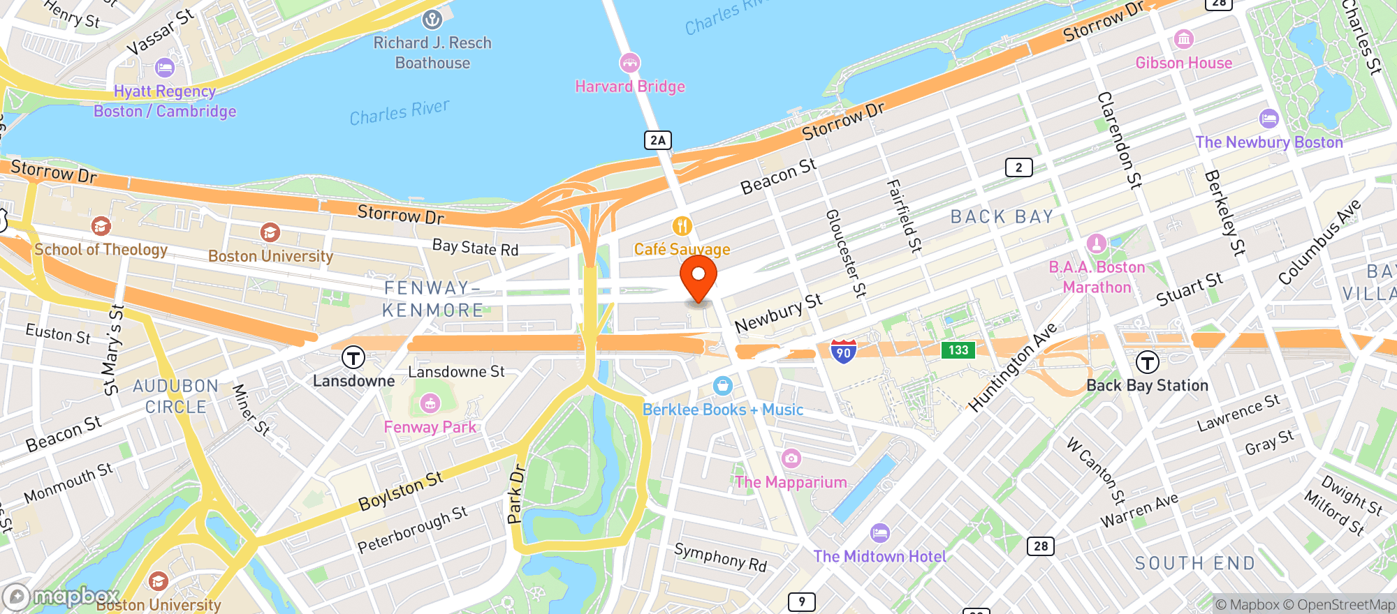 Map showing The Harvard Club of Boston