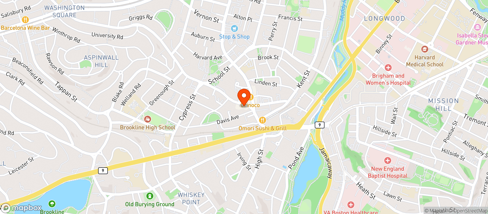 Map showing Brookline Wine & Spirits
