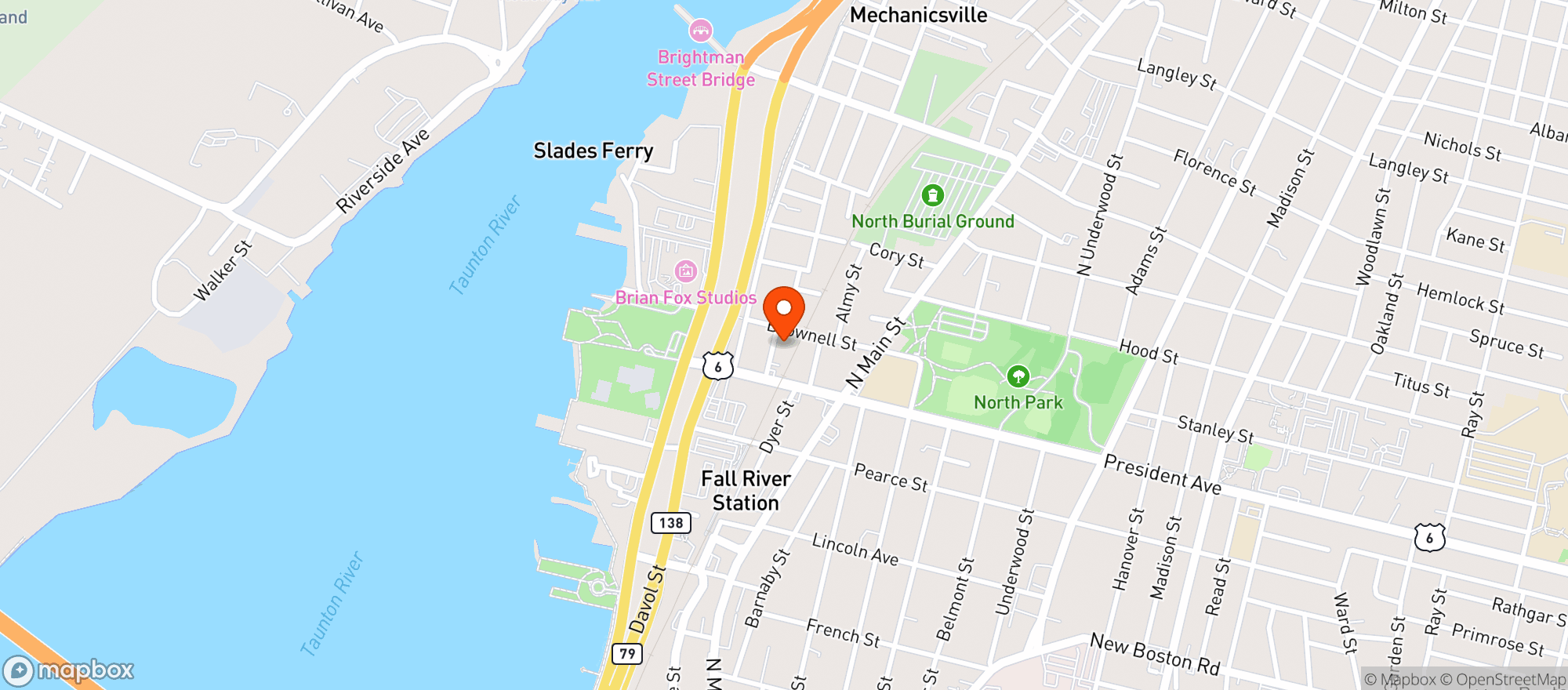Map showing Globe Liquors Fall River