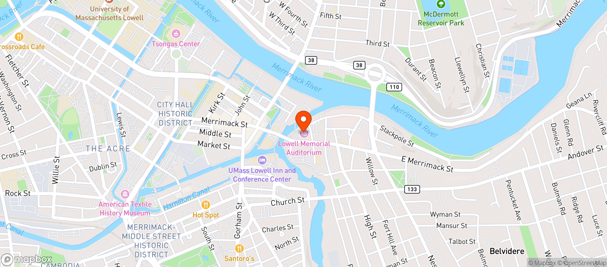Map showing Lowell Memorial Auditorium