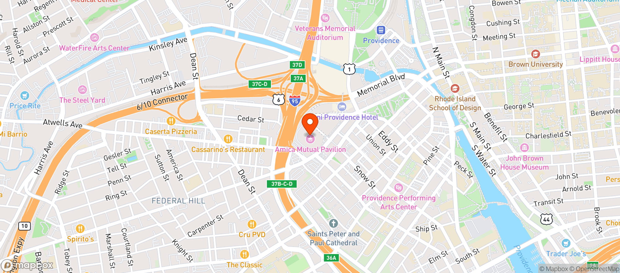 Map showing Amica Mutual Pavilion