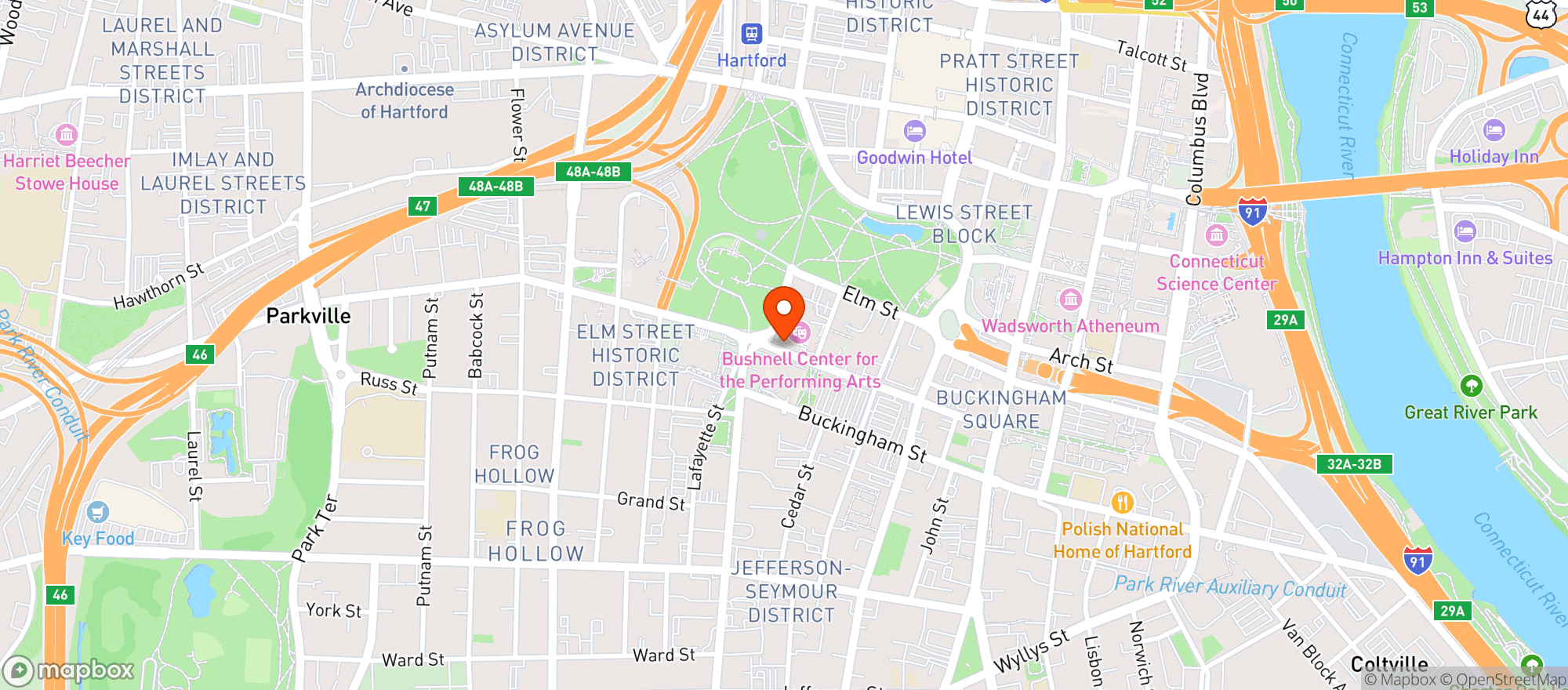 Map showing Bushnell Memorial Hall