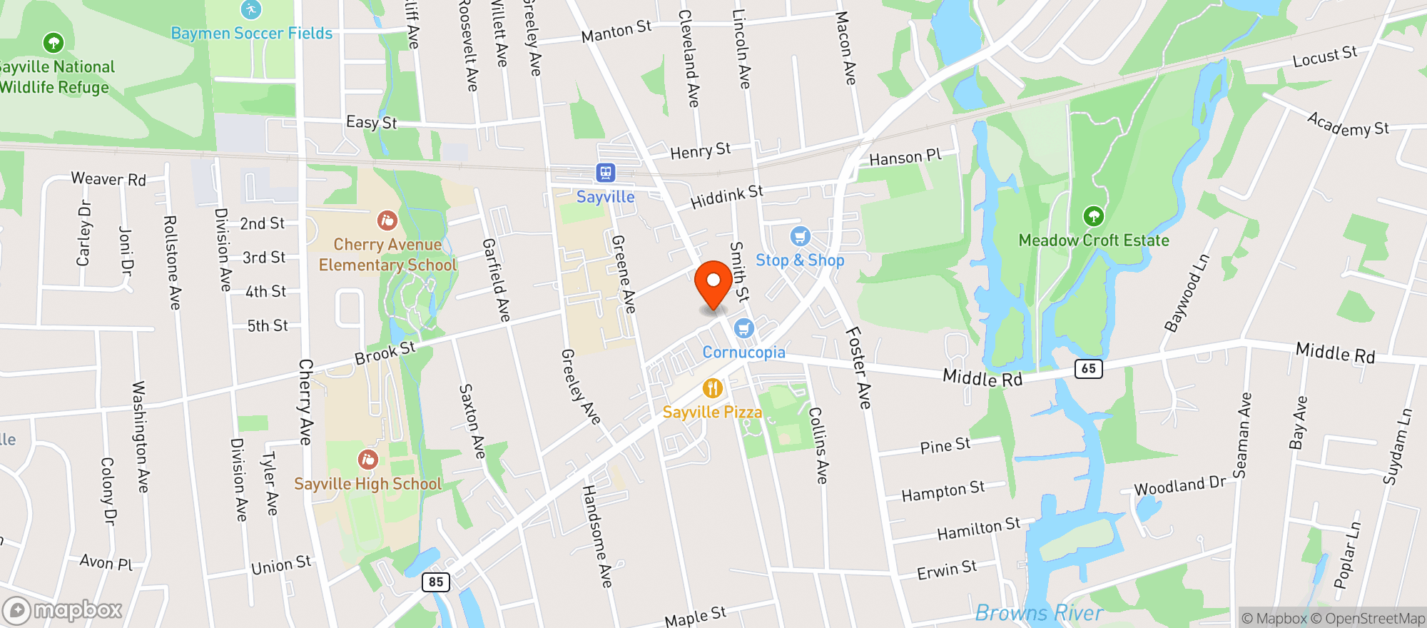 Map showing Sayville Beer & Soda
