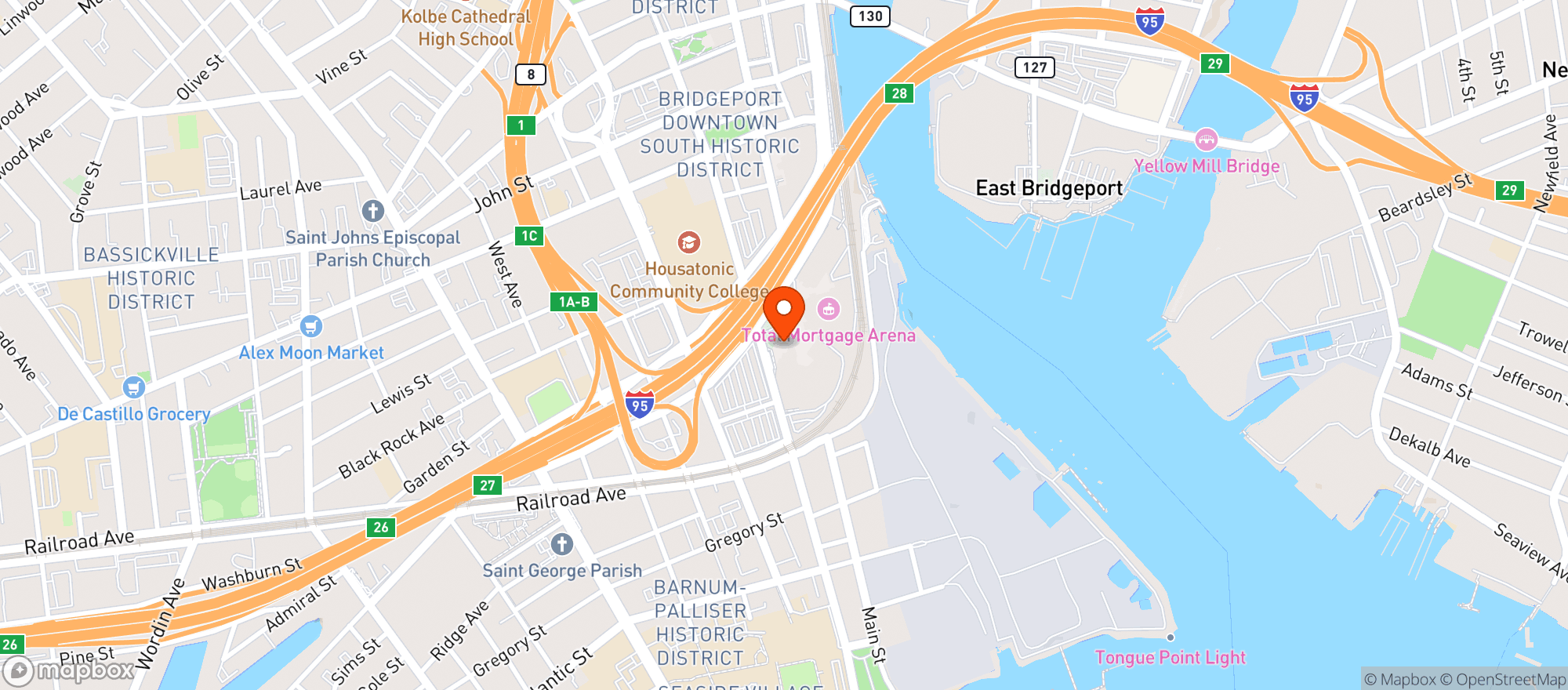 Map showing Hartford Healthcare Amphitheater
