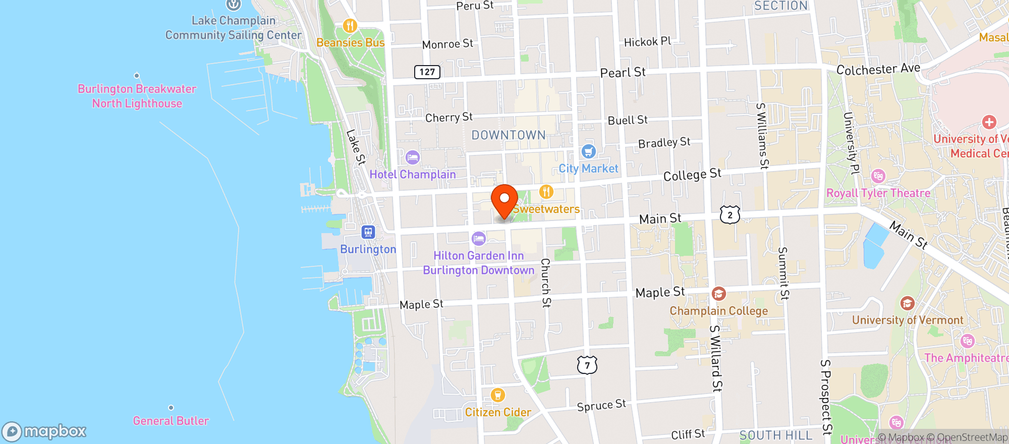 Map showing Mad River Distillers Burlington
