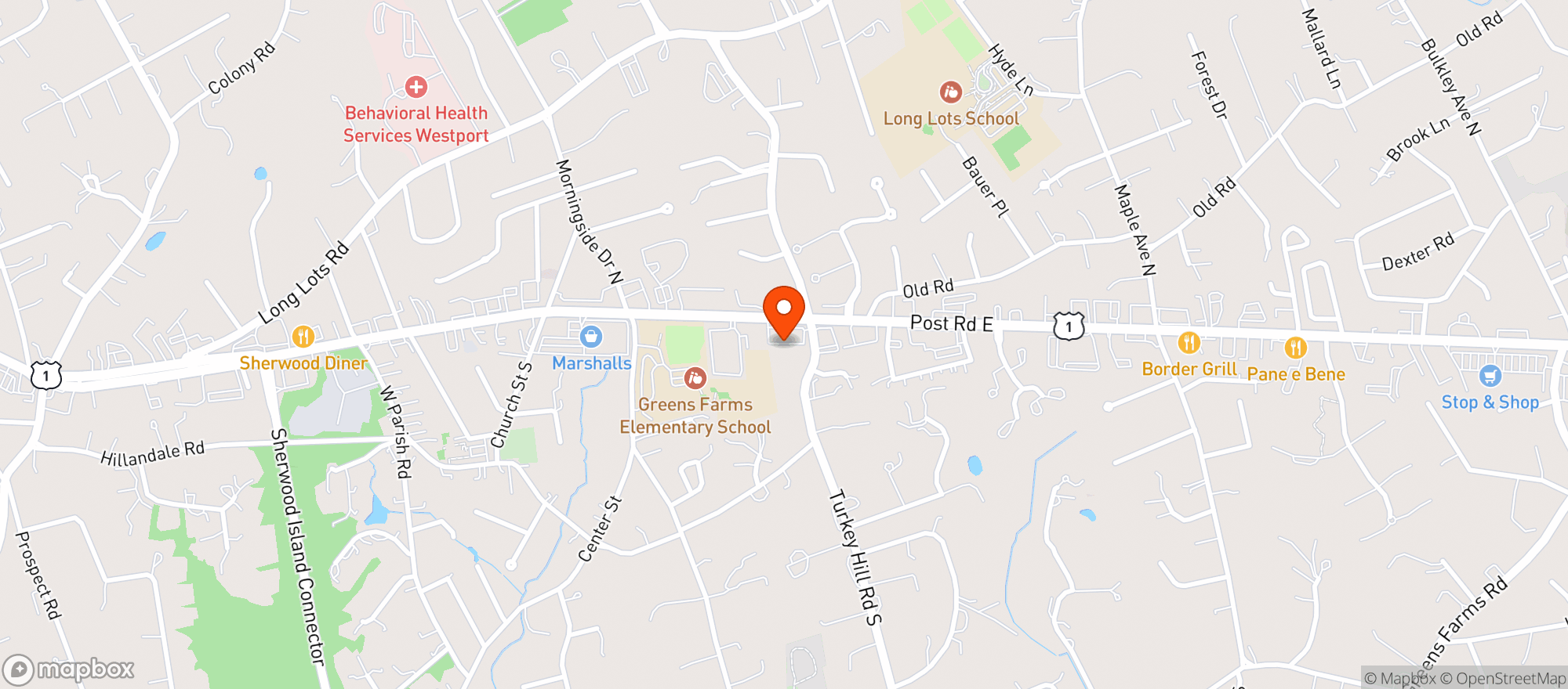 Map showing GREENS FARMS SPIRIT SHOP