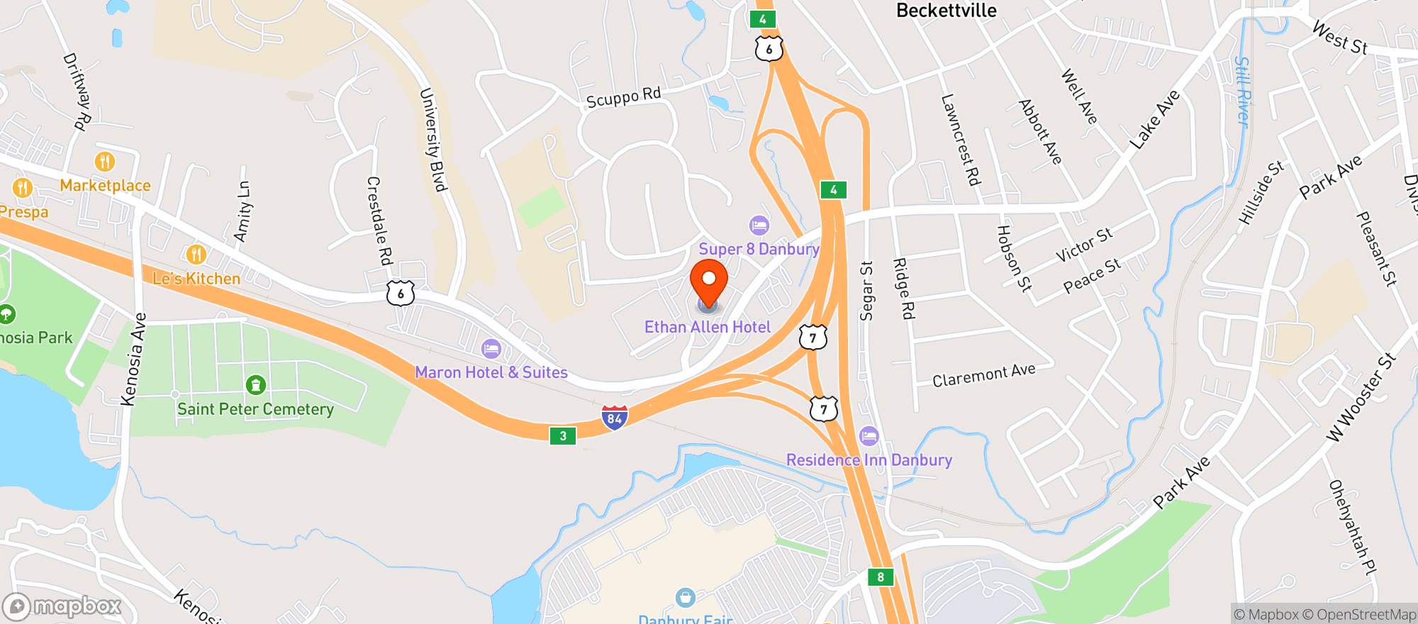Map showing Ethan Allen Hotel Danbury