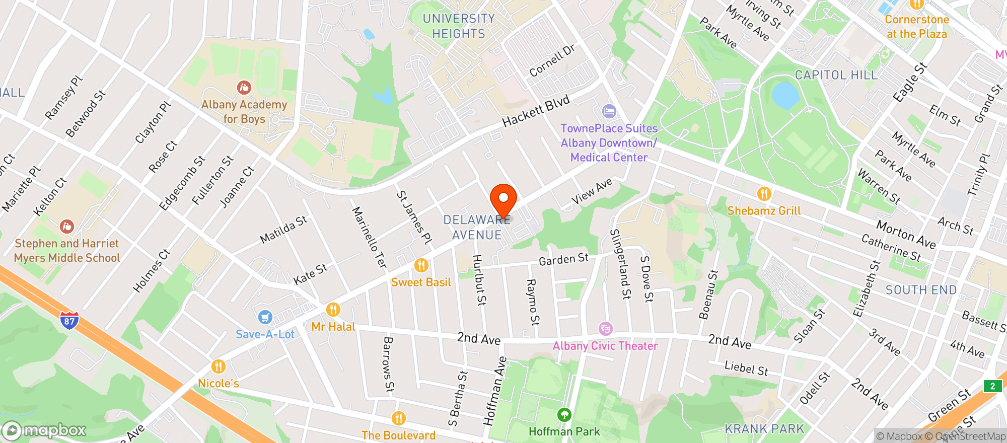 Map showing The Delaware Restaurant & Bar