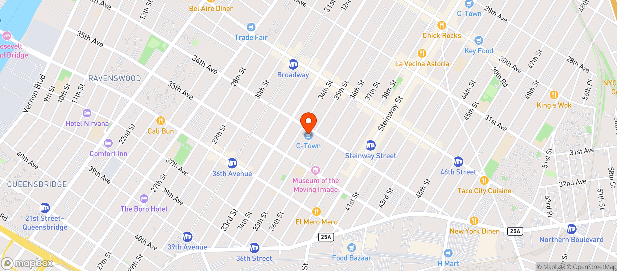Map showing CTown (34-12 34th Ave)