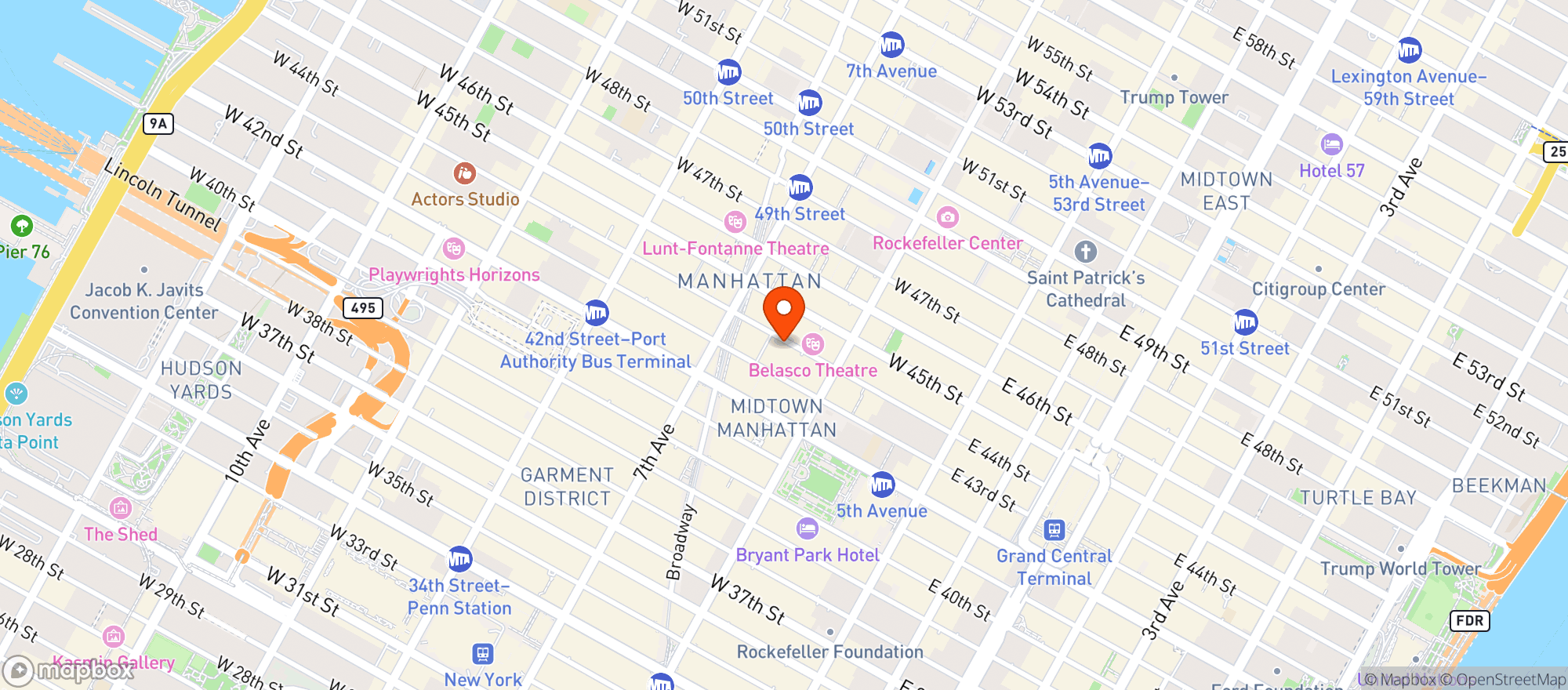 Map showing The Lambs Club