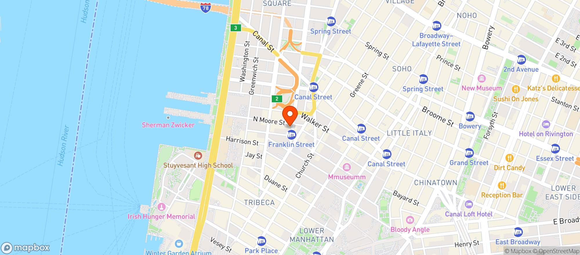 Map showing Osteria Carlina Tribeca