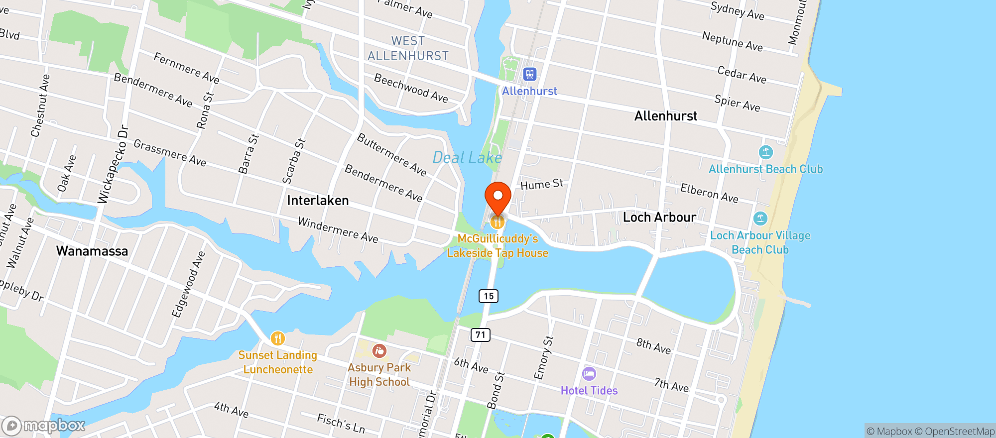 Map showing Deal Lake Bar + Co