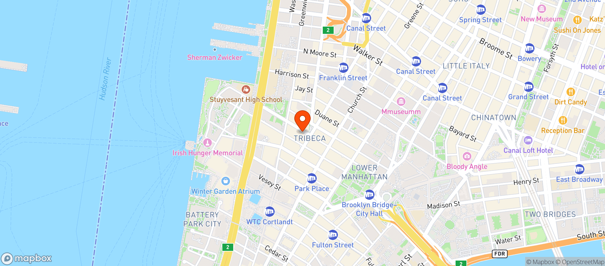 Map showing Tribeca Olive Branch Deli