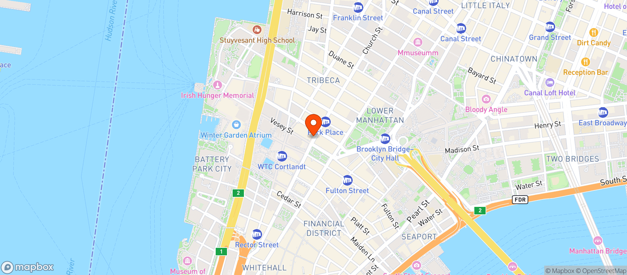 Map showing Mta Subway - World Trade Center (e)