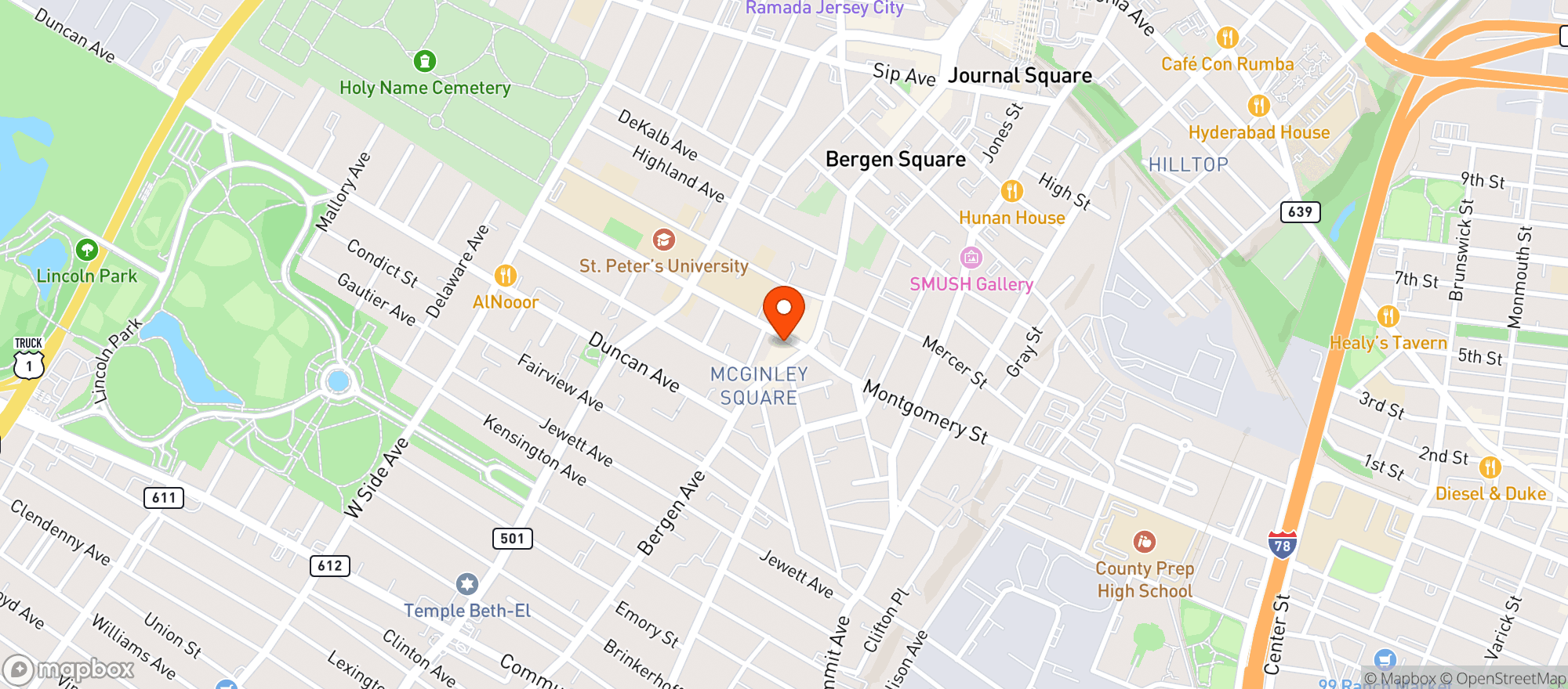 Map showing Mcginley Square Pub