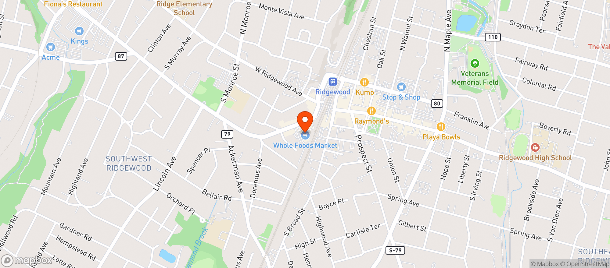 Map showing WHOLE FOODS - RIDGEWOOD