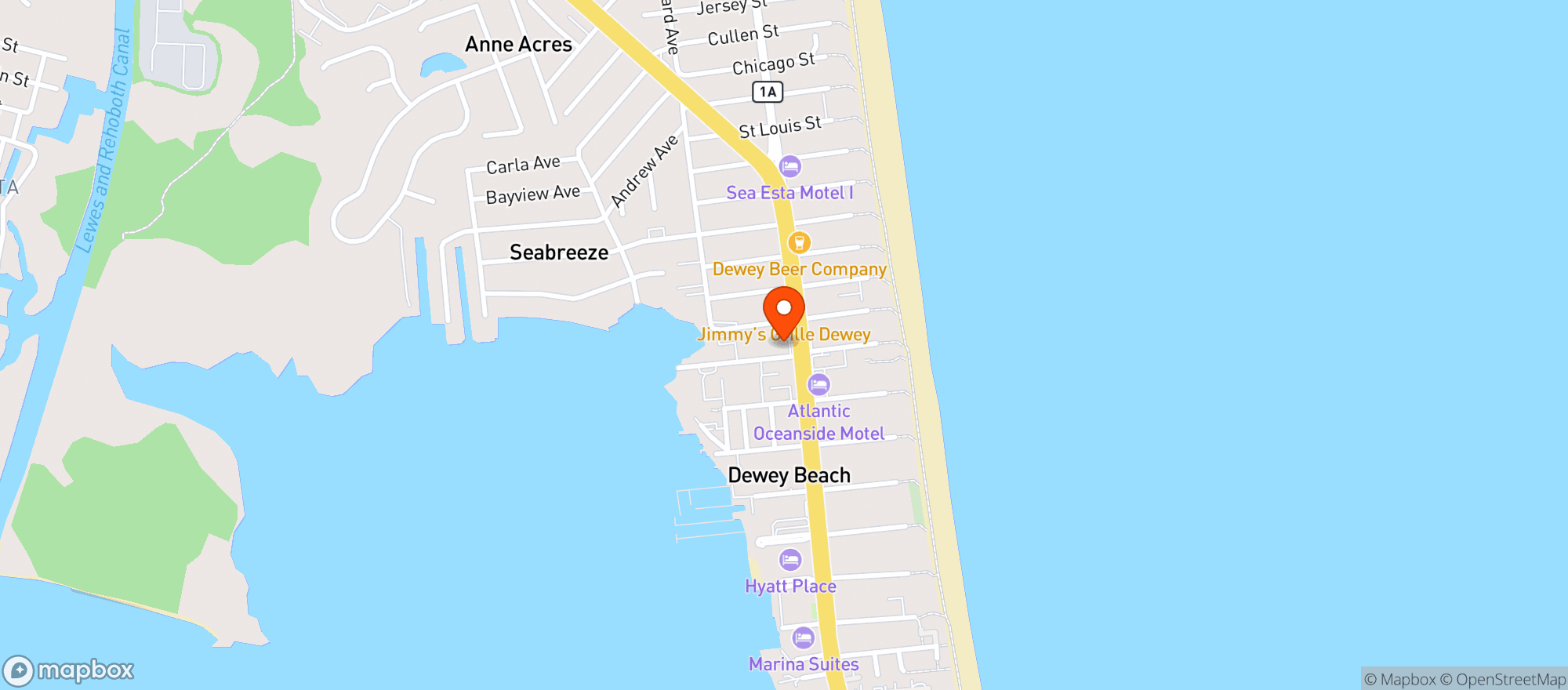 Map showing Dewey Beach Liquors Inc
