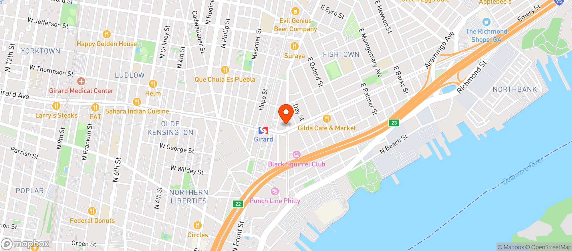 Map showing Frankford Hall