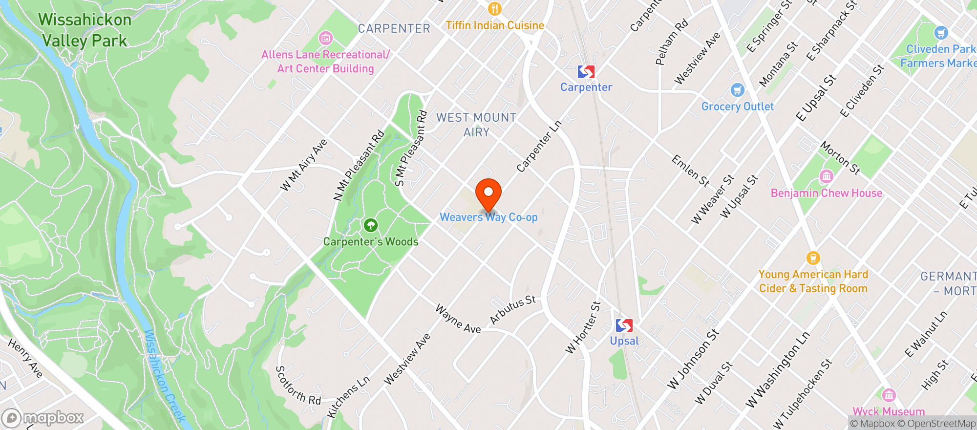 Map showing Weavers Way Co-Op - Mt. Airy