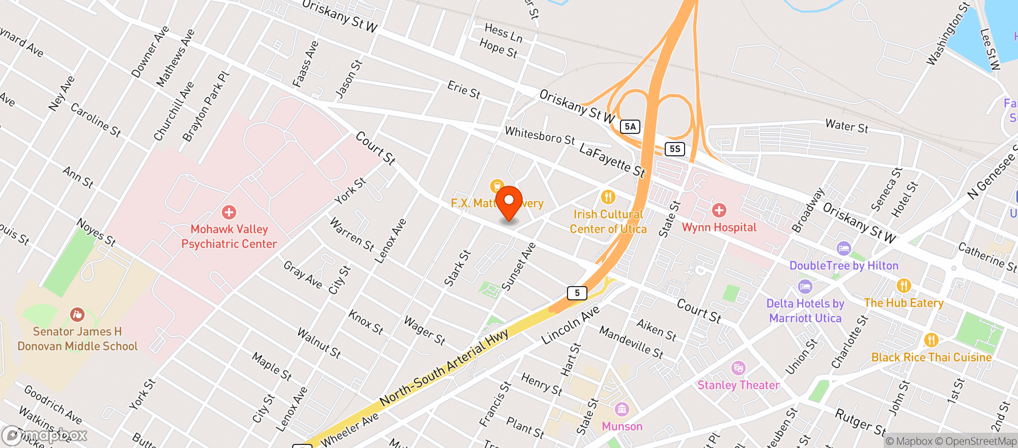 Map showing Saranac Brewery (F.X. Matt Brewing Co.)