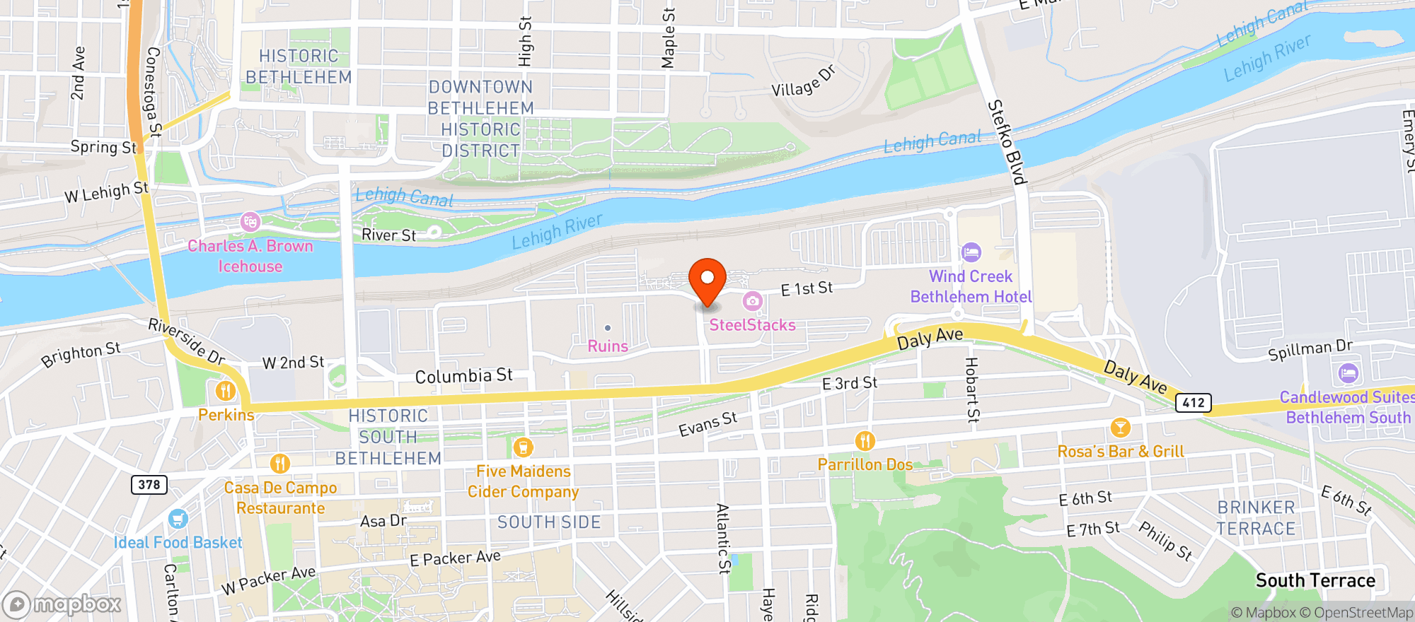 Map showing Levy Artsquest Center