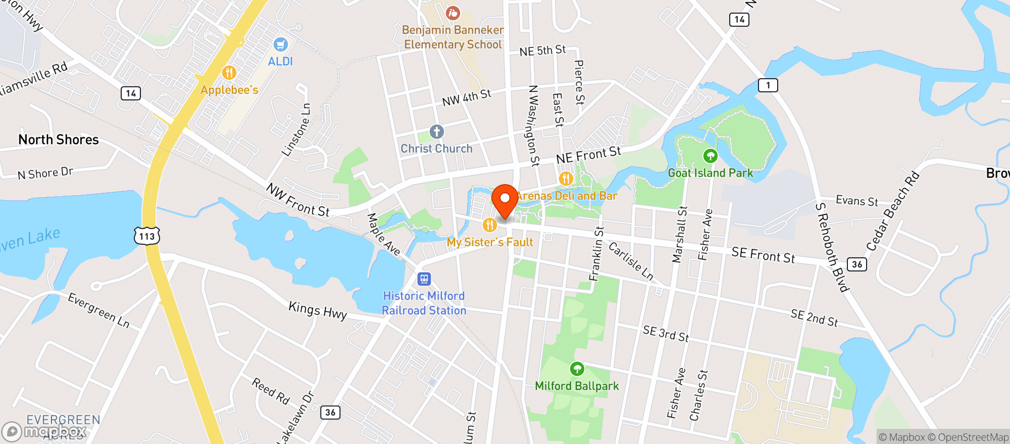 Map showing Milford Tavern