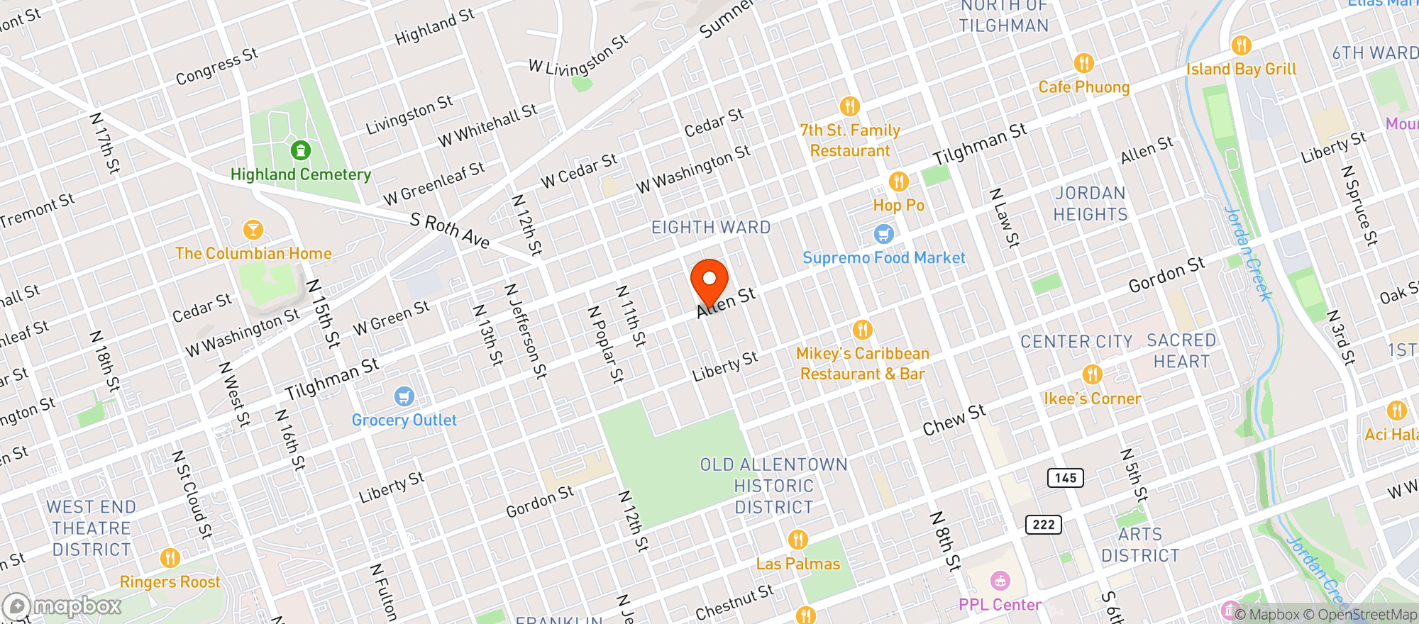 Map showing Allen Six Pack Shop