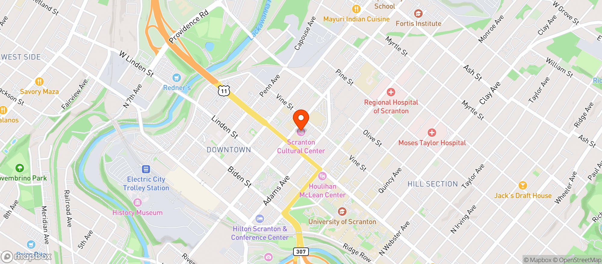 Map showing Scranton Cultural Center