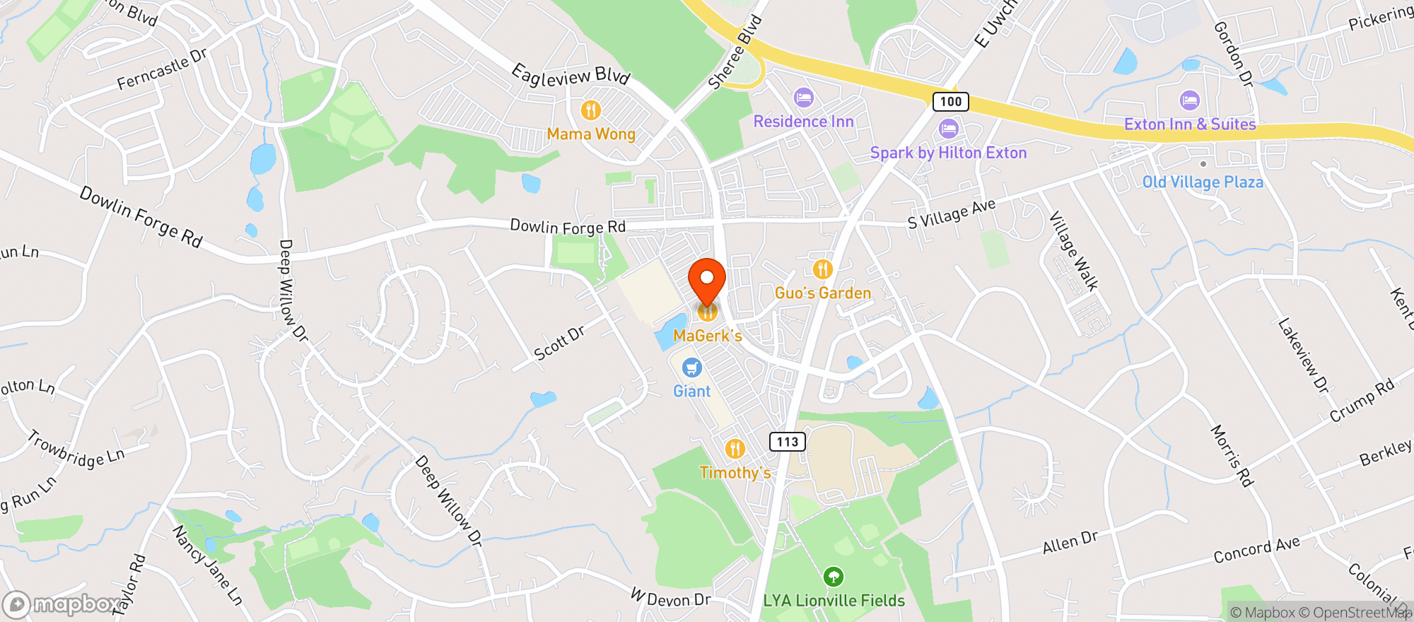 Map showing Magerks Pub & Grill Lionville