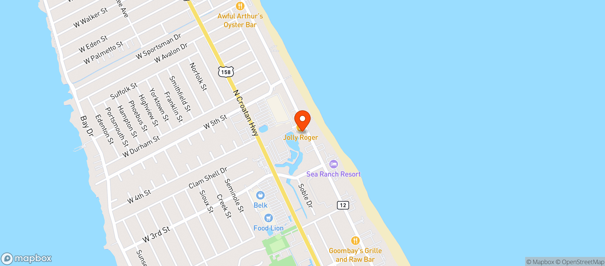 Map showing Jolly Roger Restaurant