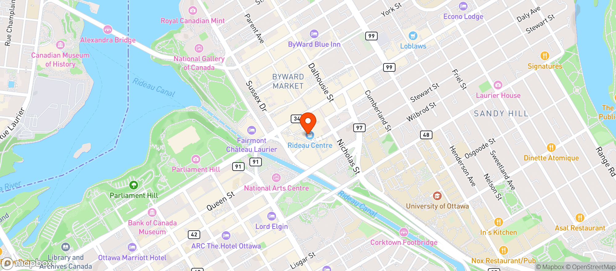 Map showing Farmboy Rideau Centre