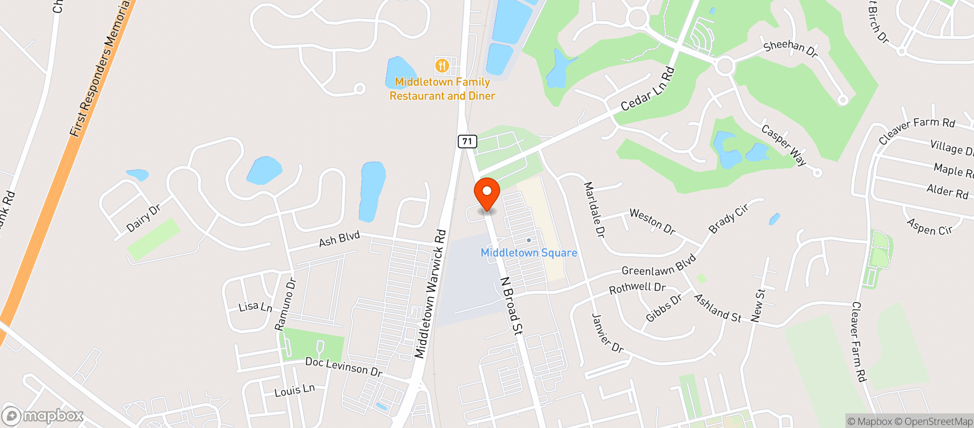 Map showing Mid County Lanes