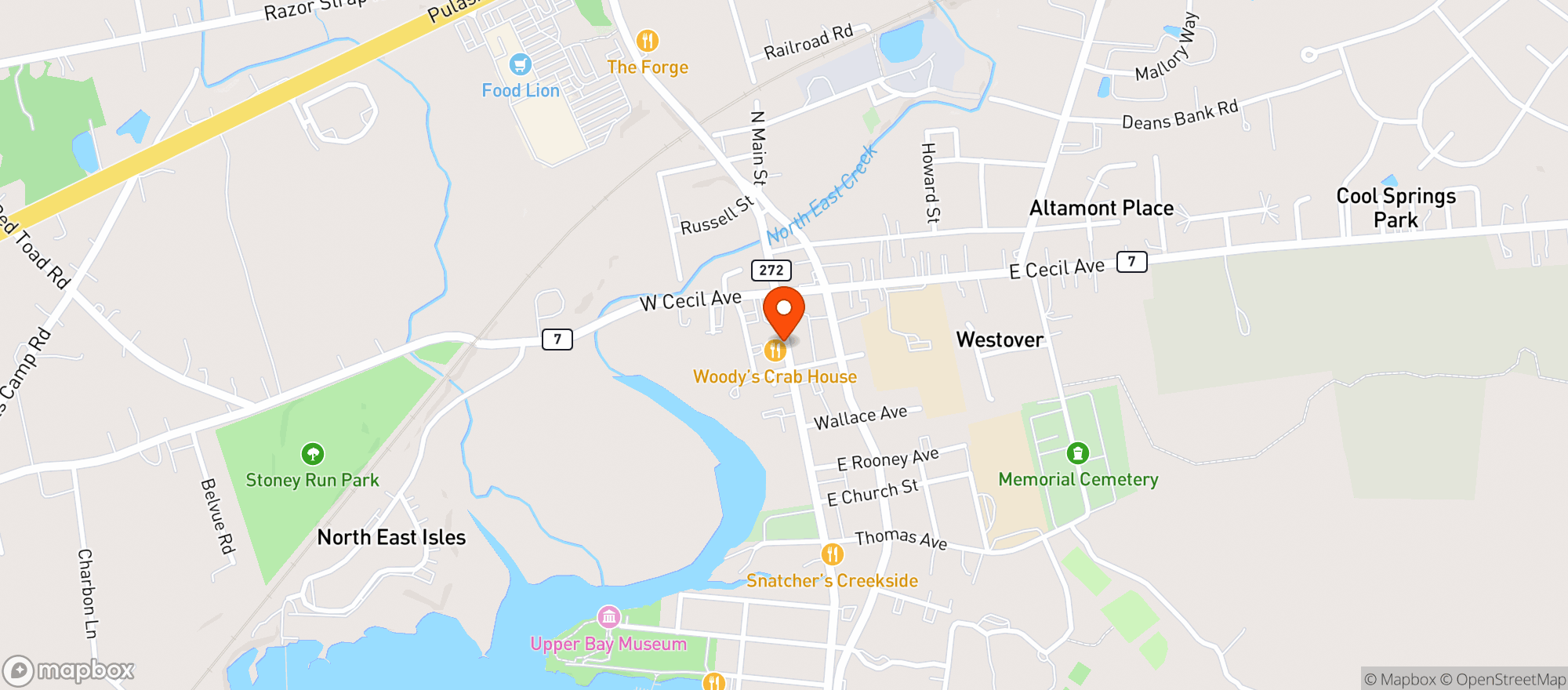 Map showing Woodys Crab House