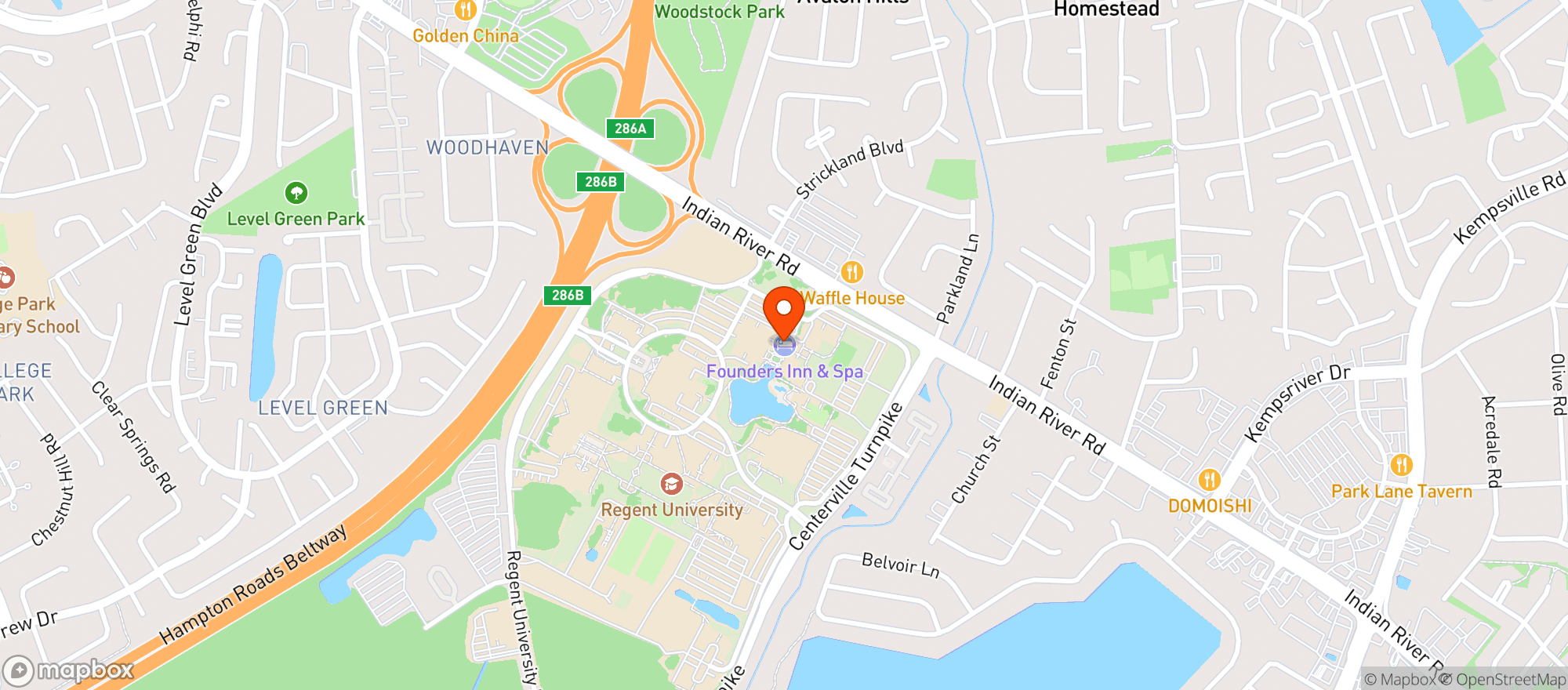 Map showing Founders Inn & Spa