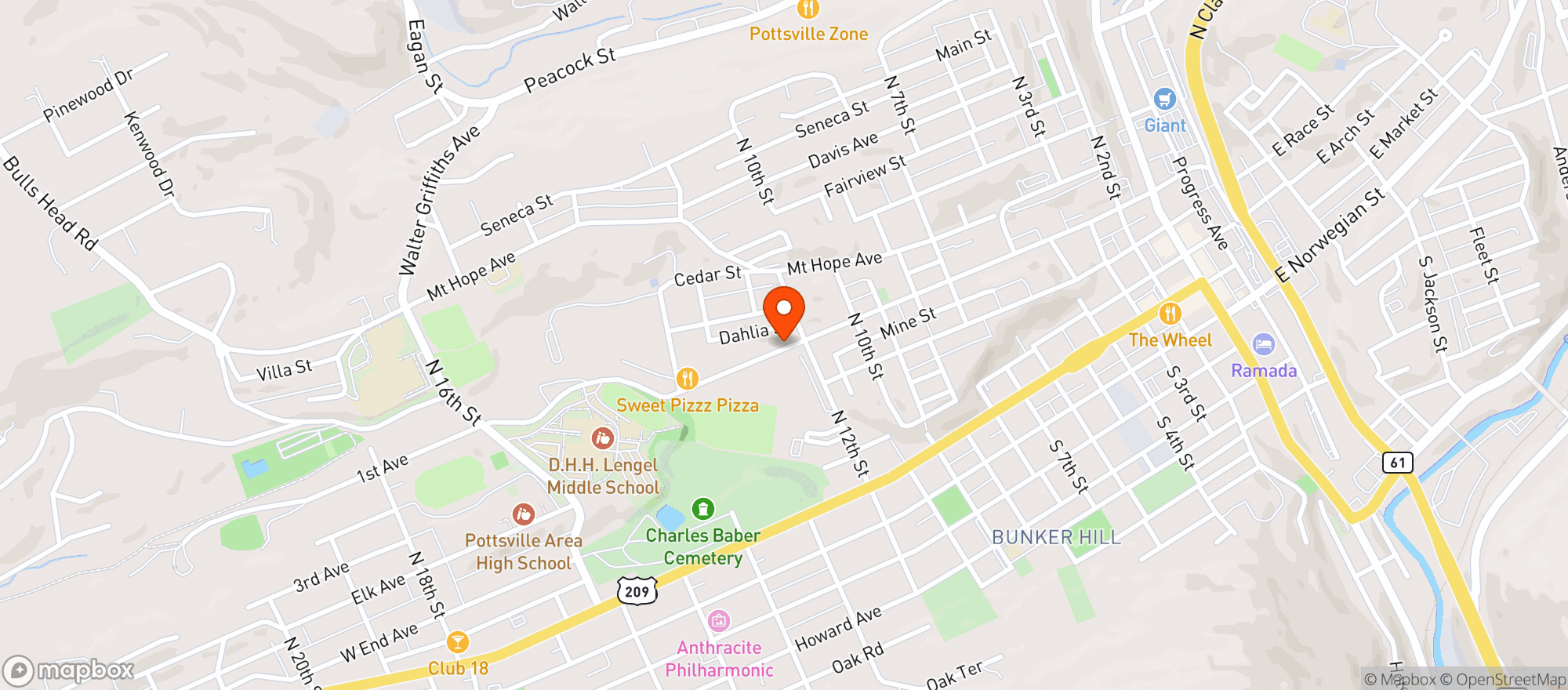 Map showing Pottsville Beer Distributing