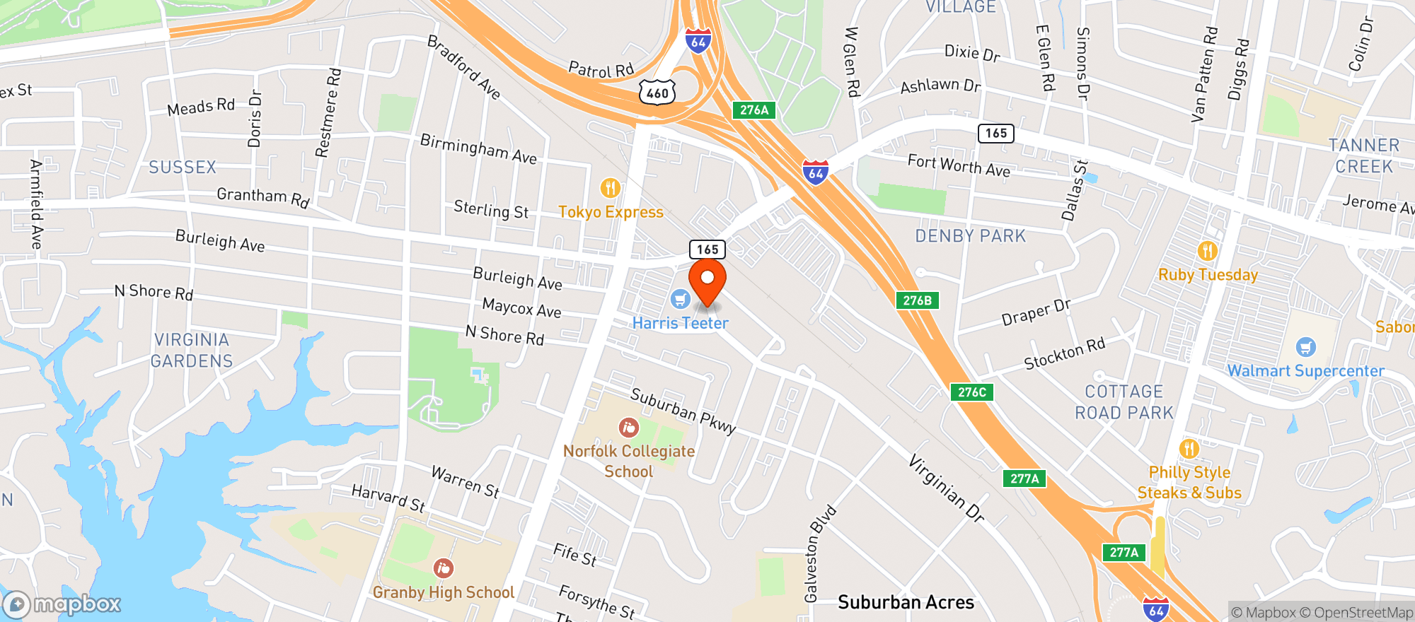Map showing HARRIS TEETER (GRANBY ST & E LITTLE)