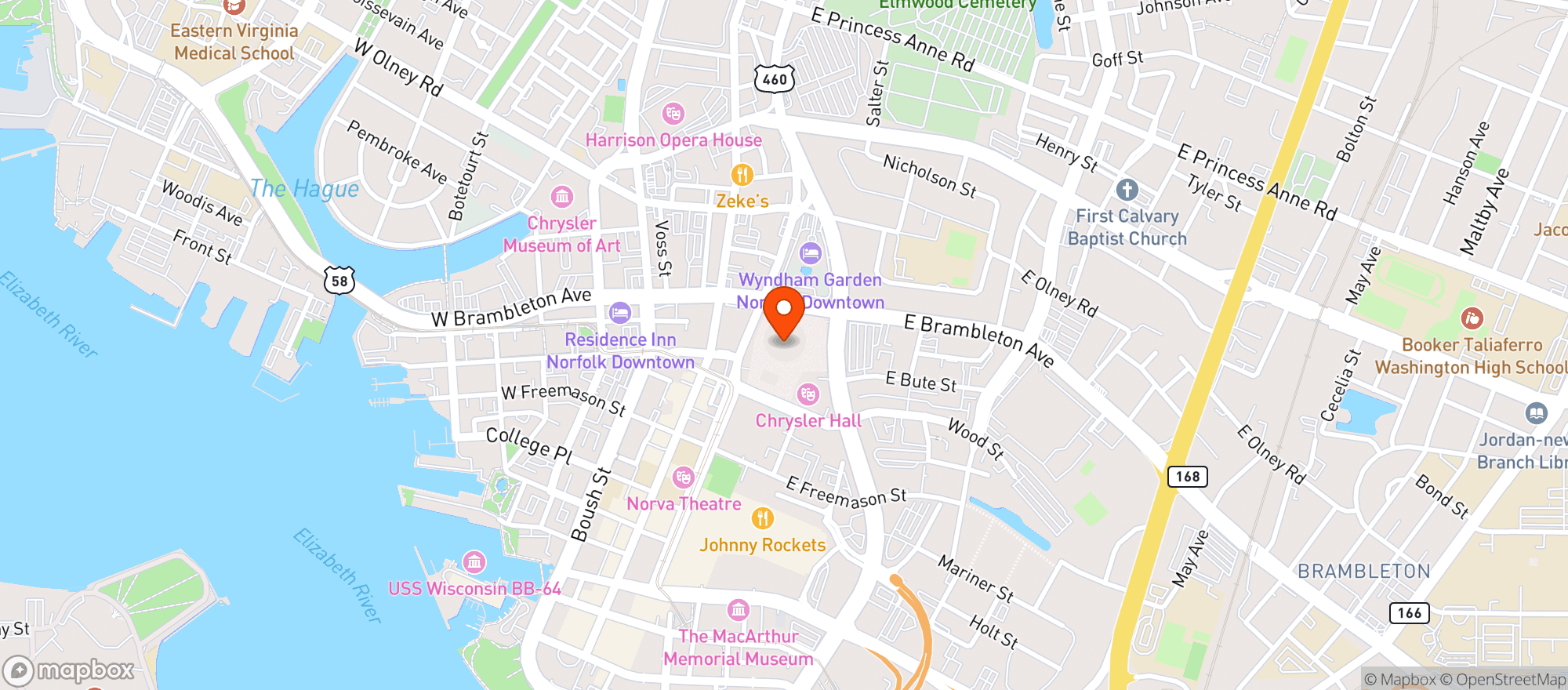 Map showing Norfolk Scope Arena