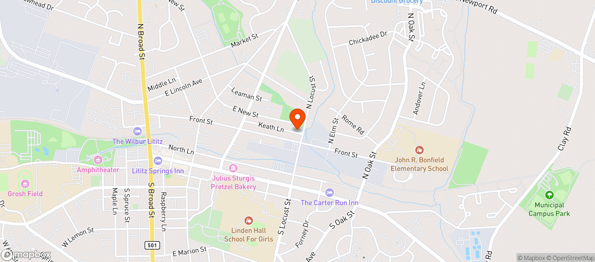 Map showing Lititz Academy of Music