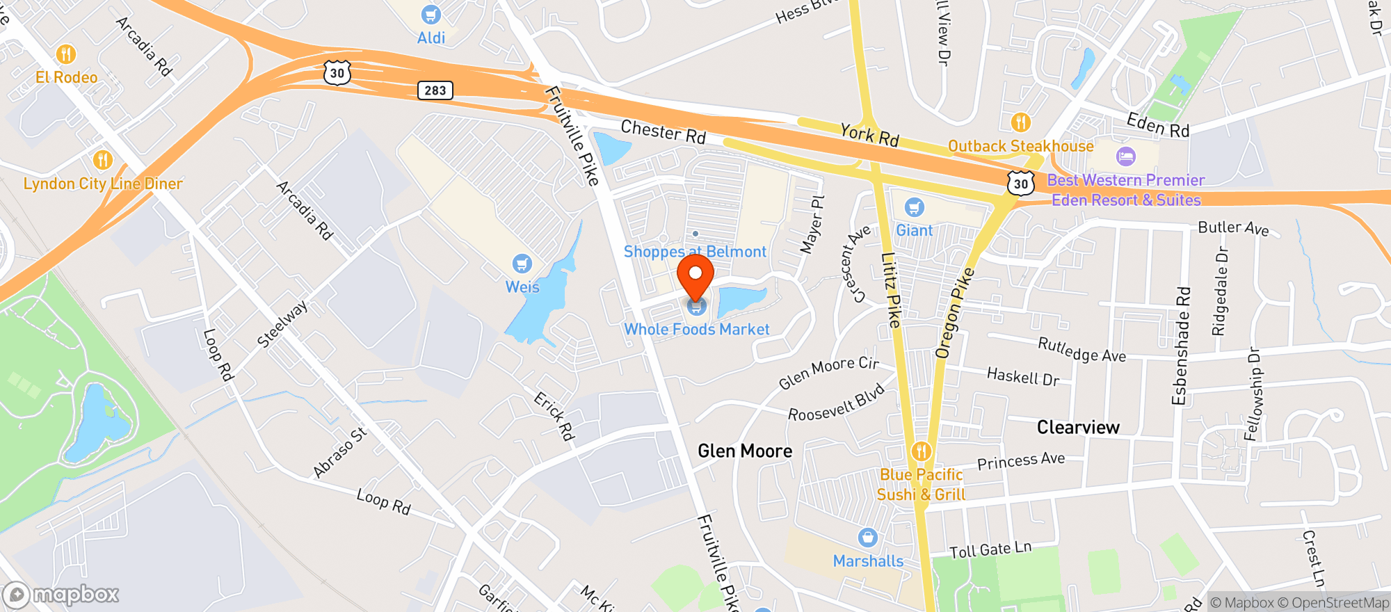 Map showing Whole Foods - Lancaster