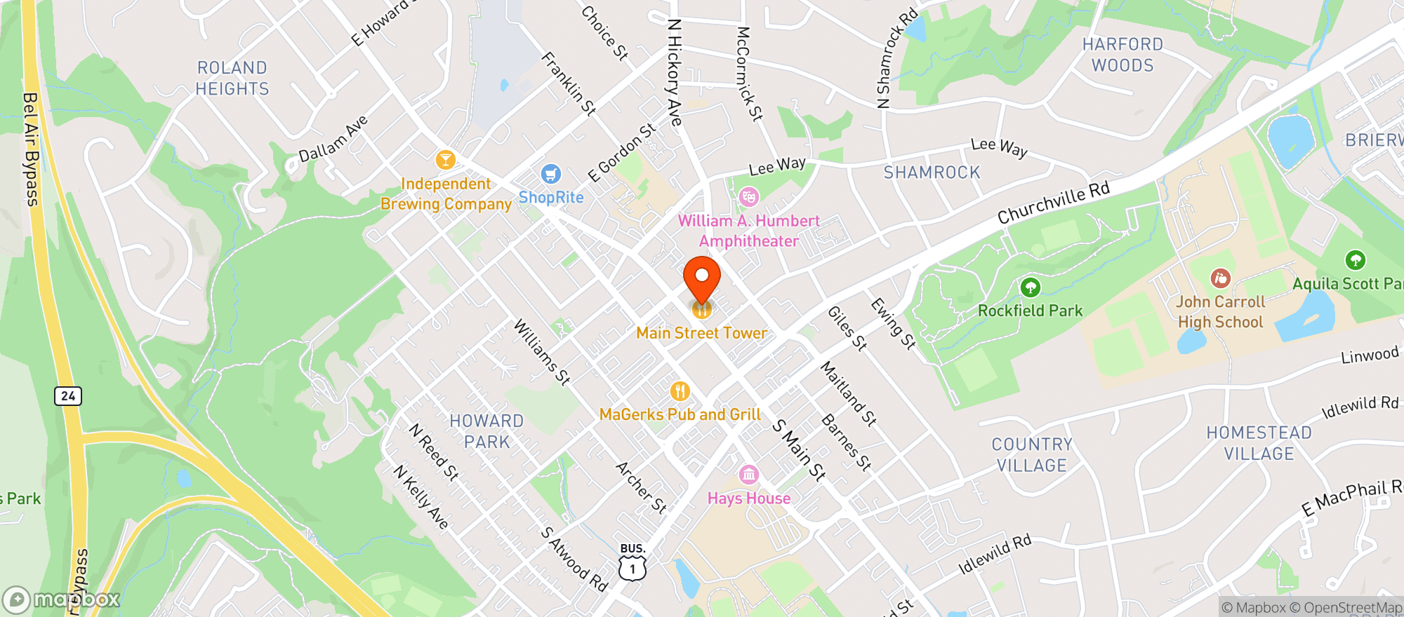 Map showing Main Street Tower Restaurant