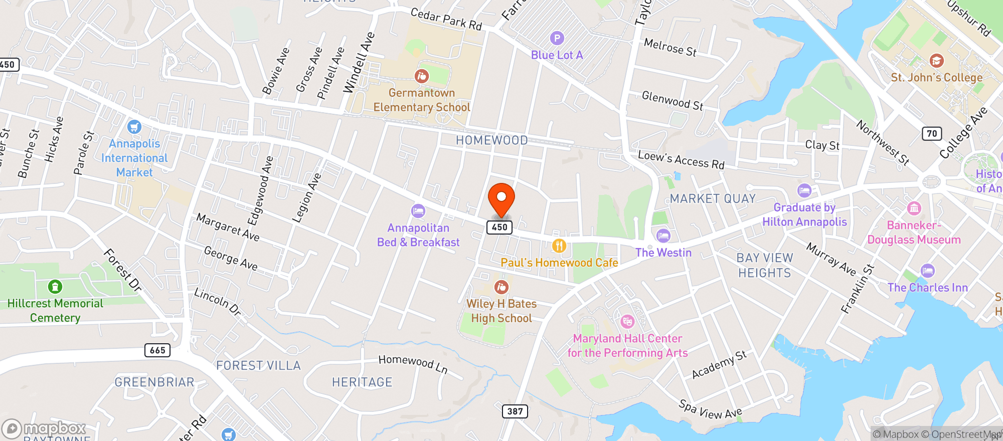 Map showing Pinkey's West Street Annapolis