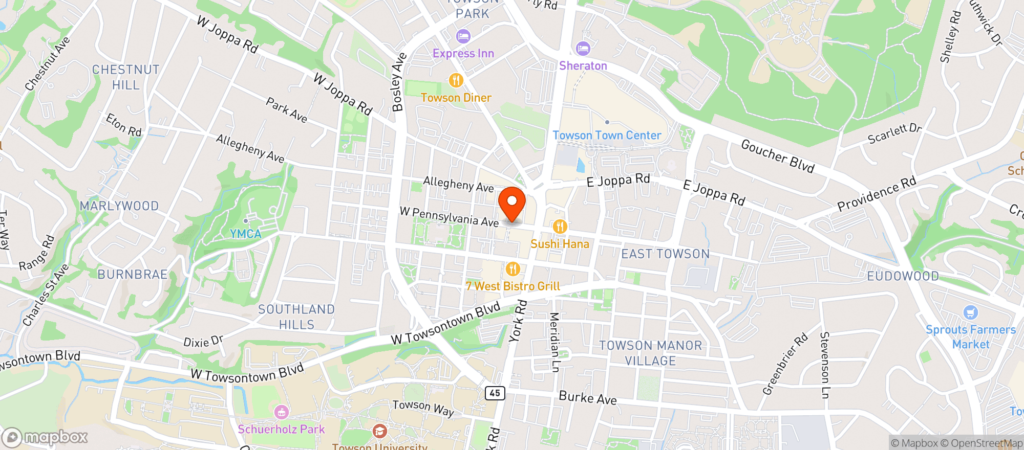 Map showing Towson Wine & Spirits
