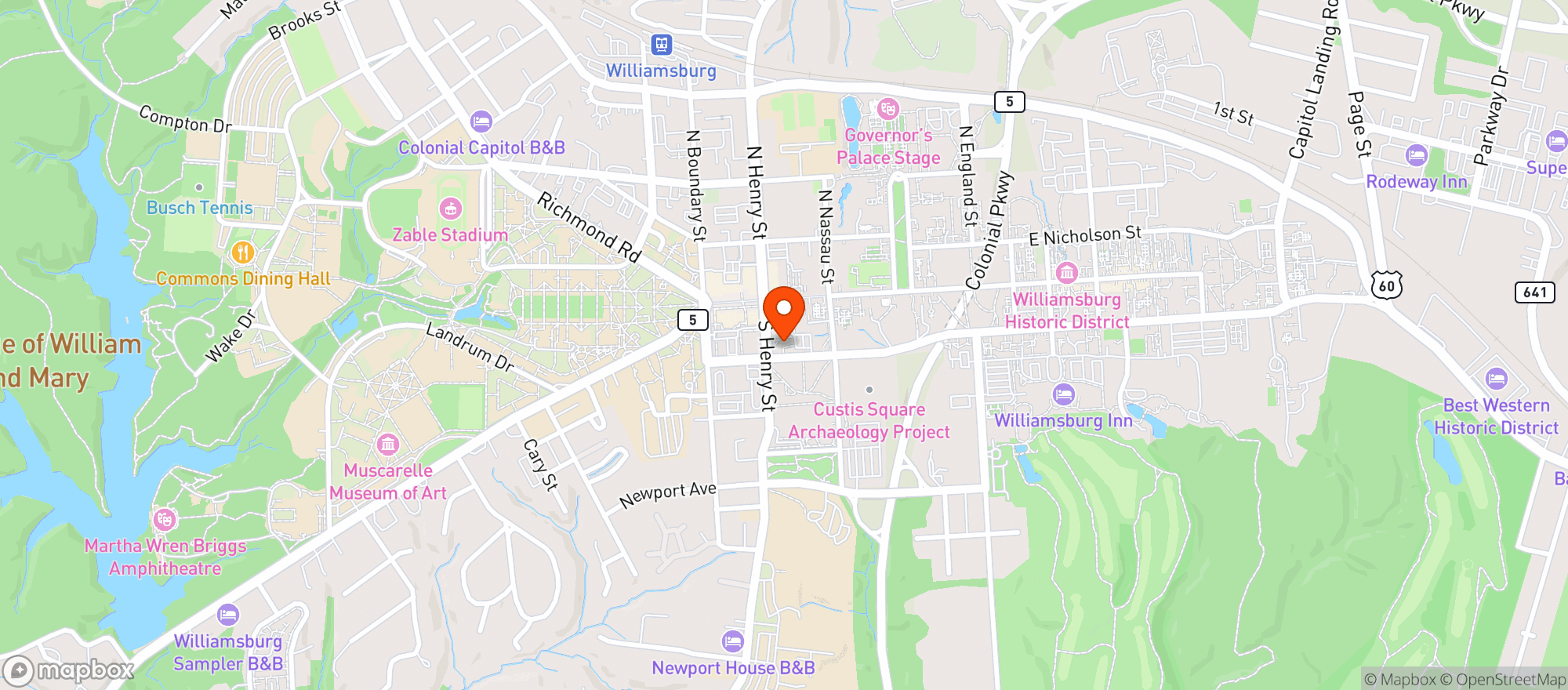 Map showing Colonial Williamsburg