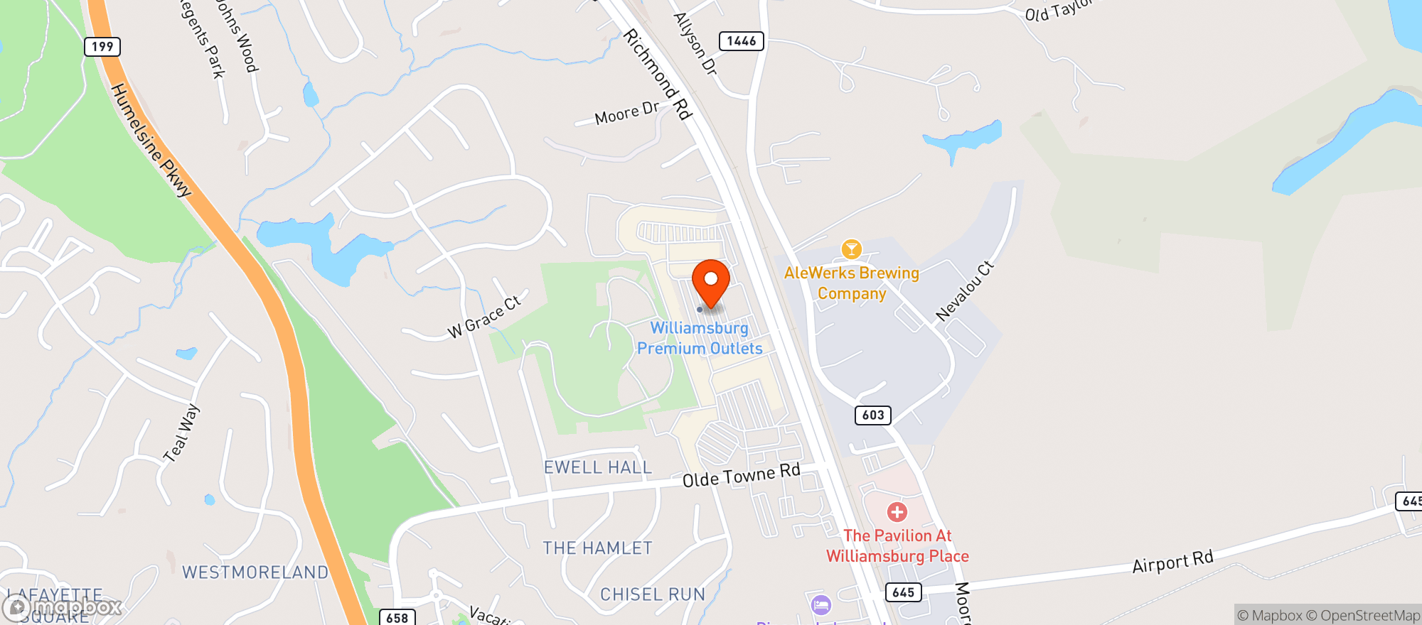 Map showing Williamsburg Premium Outlets