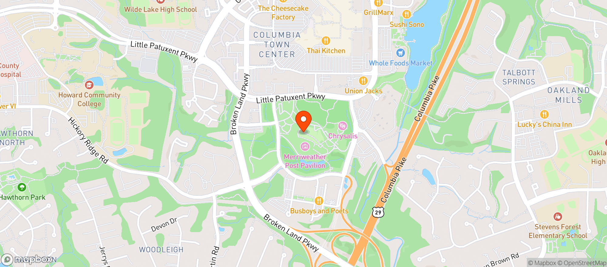 Map showing Merriweather Post Pavilion