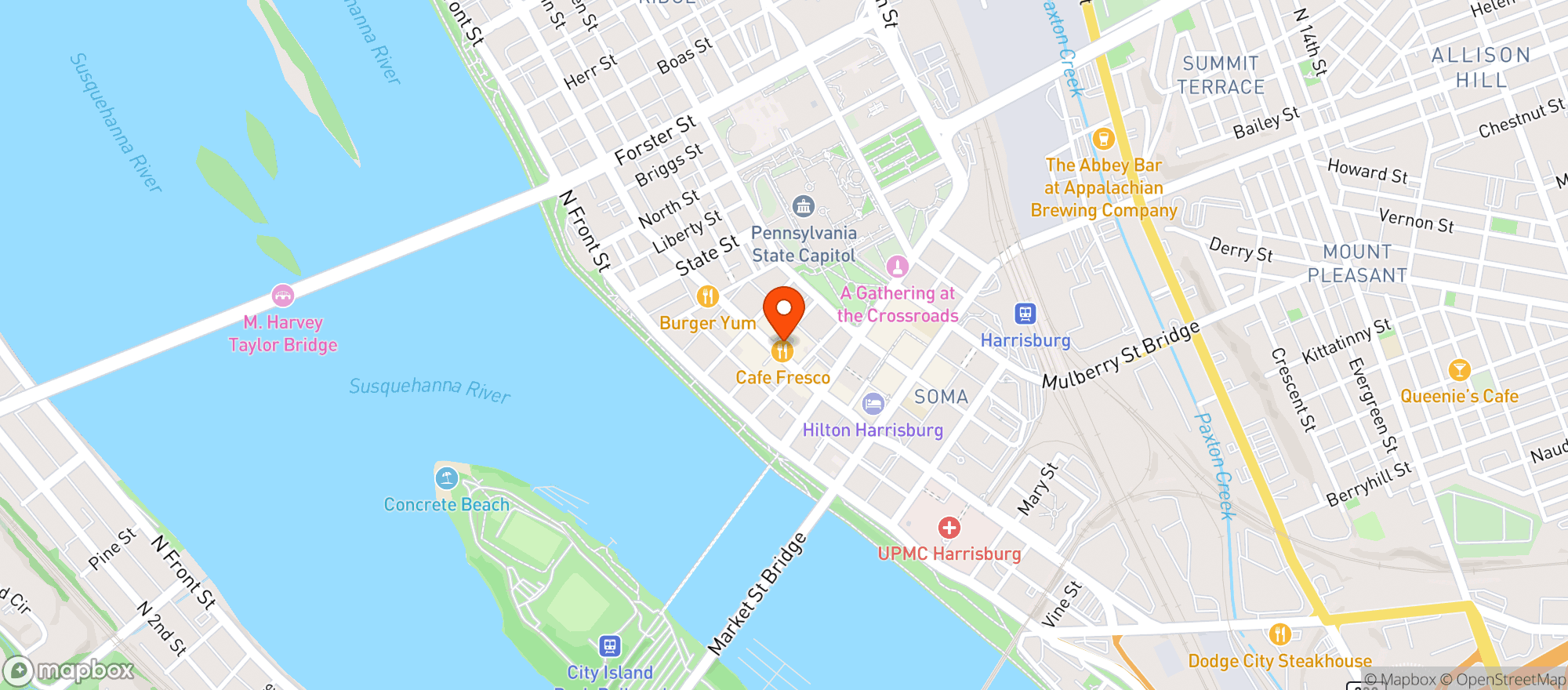 Map showing Cafe Fresco