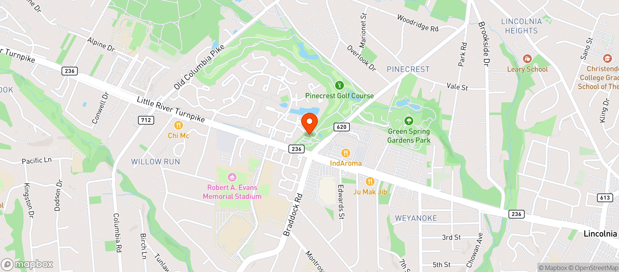 Map showing Pinecrest Golf Course