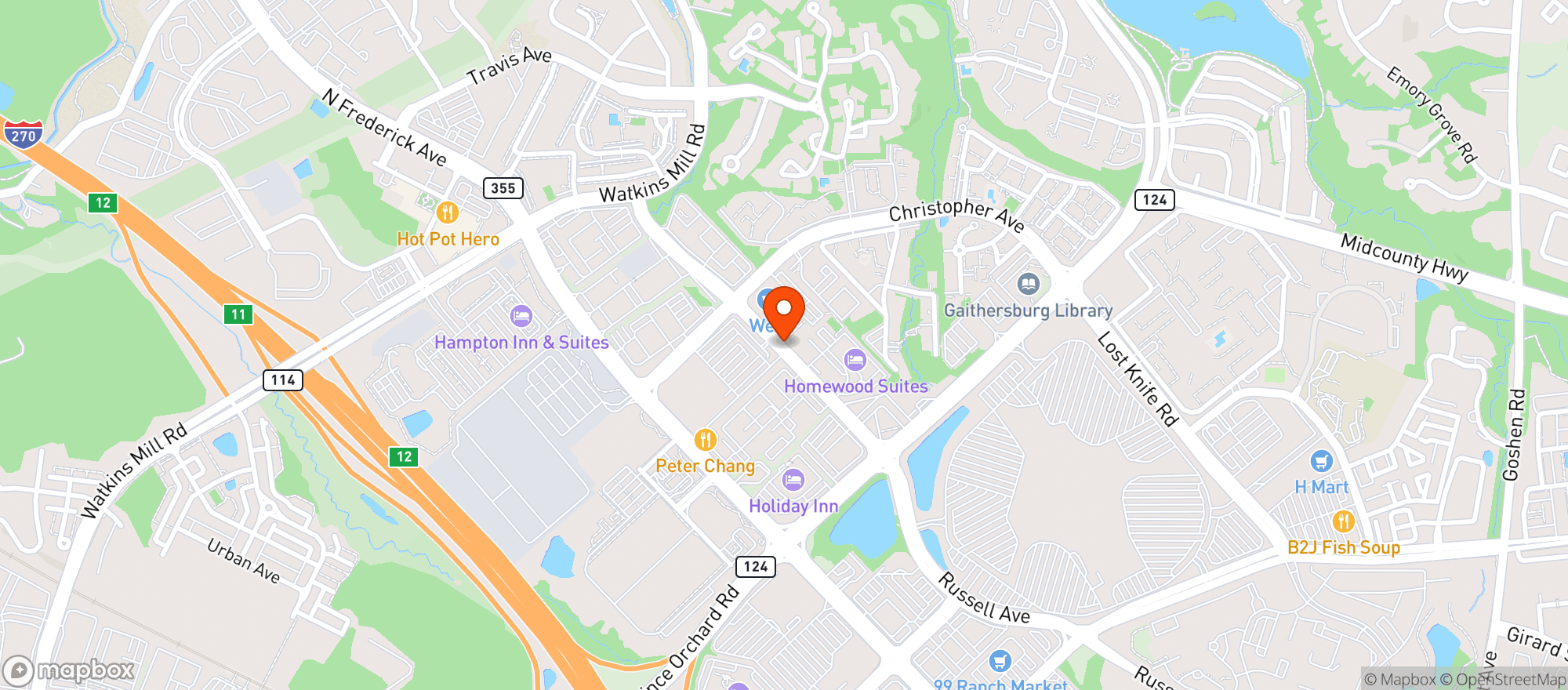 Map showing Watkins Mill Beer & Wine